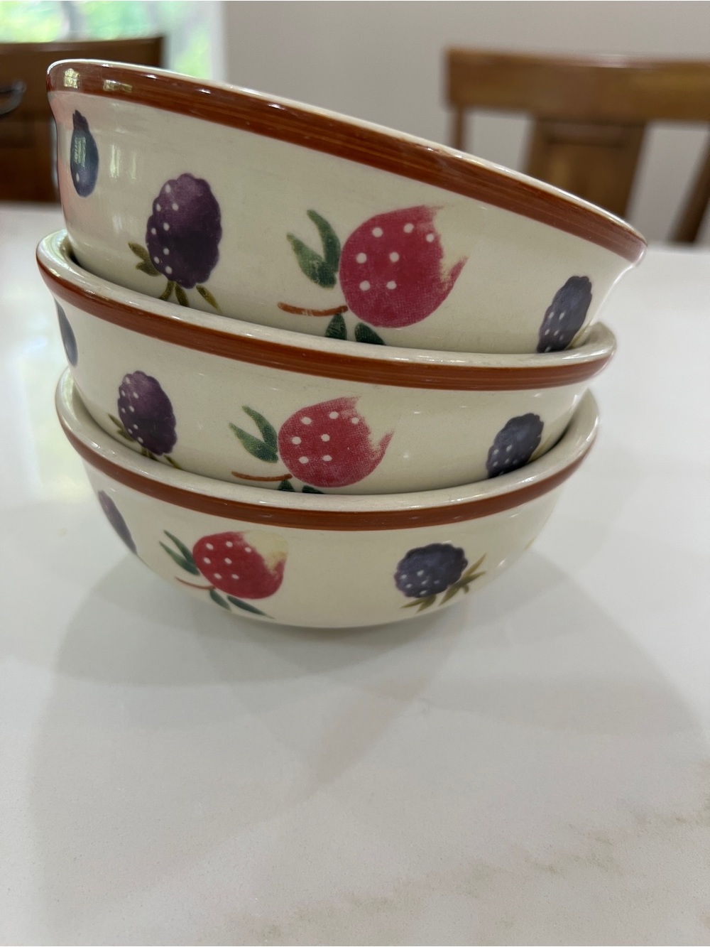 Longaberger Cream Berry Motif Serving Bowls with Brown Rim